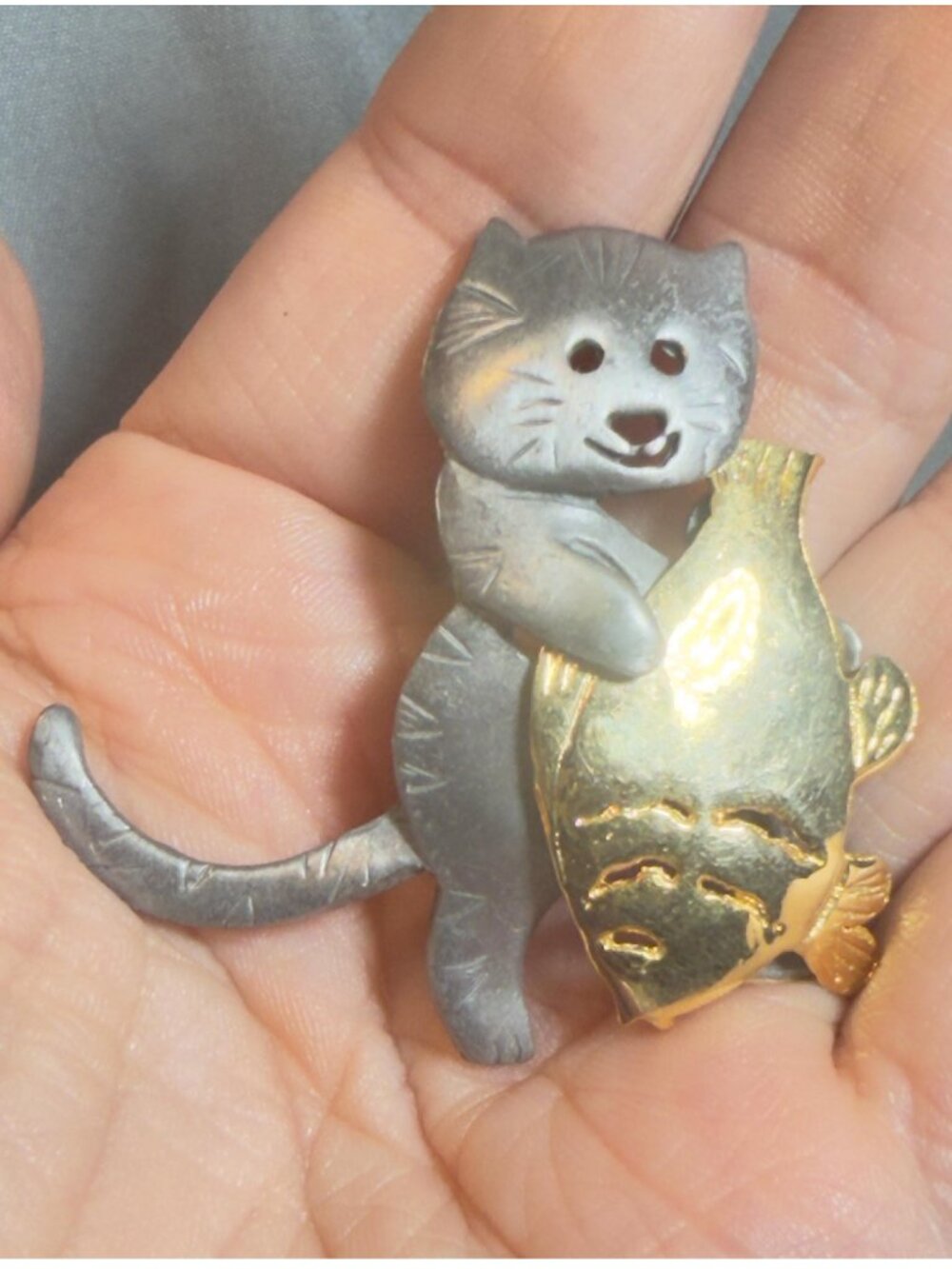 Ultracraft Vintage Cat Fish Brooch OOAK Mixed Metal Kitten 2.15"